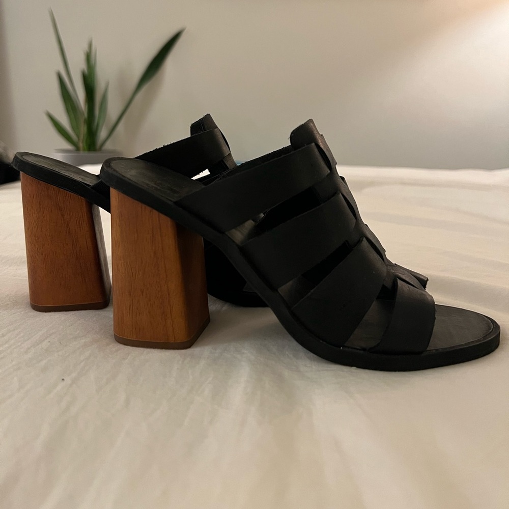 Black leather woodblock heels